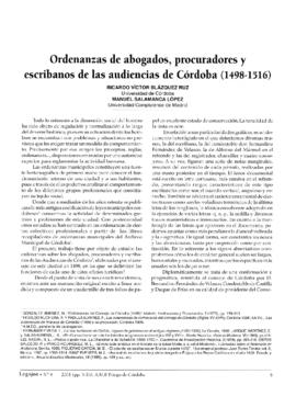 Ordenanzas de abogados, procuradores  y escribanos, de las audiencias de Córdoba (1498 - 1516)